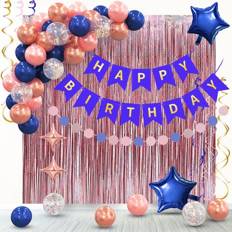 PRICES MAY VARY. 🎈💙【What Is In The Package?】- So much VALUE! This amazing bundle has everything you need to throw a beautiful birthday party. Get 1pc Blue Gold Happy Birthday Banner, 2pcs Rose Gold Tinsel Foil Fringe Curtains Backdrop (6.5*3.3ft each), 2pcs Rose Gold Four Star Foil Balloons(10inch),2pcs Blue Five Star Foil Balloons(18inch), 10pcs Rose Gold /10pcs Metallic Rose Gold /10pcs Blue /5pcs Rose Gold Confetti Latex Balloons,1pc Paper Garland(6.6ft), 6pcs Hanging Spiral. 🎈💙【Charming Blue And Rose Gold Birthday Party, Navy Blue Party, Gold Birthday Party Decorations, Gold Birthday Decorations, Rose Gold Party Decor, Birthday Decorations At Home, Blue Birthday Parties, Rose Gold Decor, Gold Confetti Balloons