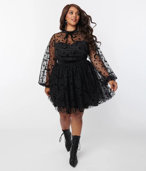 Unique Vintage Plus Size Black Flocked Moon & Stars Flare Dress Samara Dress, Social Climber, Uv Clothing, Plus Size Black Dresses, Moons And Stars, 1950s Outfits, Black Backdrop, Pin Up Outfits, Vintage Inspired Fashion