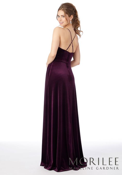 Morilee | Madeline Gardner, Stretch Velvet Bridesmaid Dress, Style 21685 | Stretch velvet bridesmaid dress with soft draped neckline and spaghetti straps. Shown in Eggplant. Velvet Bridesmaid Dress, Velvet Bridesmaid, Winter Bridesmaid Dresses, Bridesmaid Dress Collection, Fall Bridesmaid Dresses, Velvet Bridesmaid Dresses, Mori Lee, Wedding Dress Pictures, Satin Bridesmaid Dresses