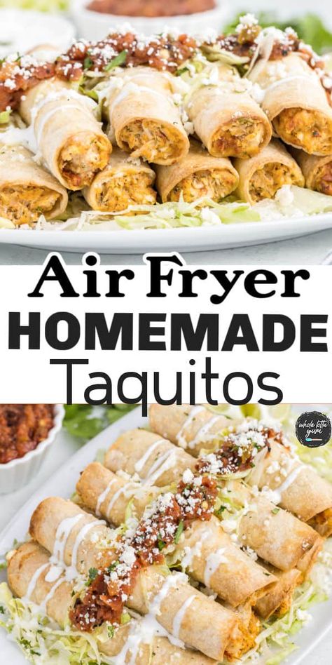 Crispy air fryer taquitos are a delicious snack or party appetizer that can be filled with shredded chicken, beef, or pork. Requiring little oil makes them a lot healthier than the deep fried alternative. Have them to the table in less than 30 minutes, guaranteed to be a Whole Lotta Yum! Chicken Taquitos Air Fryer, Taquitos Air Fryer, Air Fryer Chicken Taquitos, Air Fryer Taquitos, Happy Family Recipe, Homemade Taquitos, Taquitos Recipe, Chicken Breast Recipes Baked, Spiced Chicken