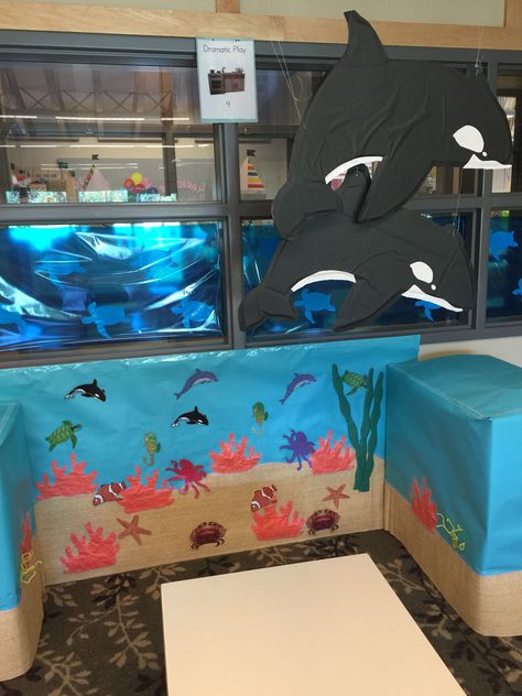 Aquarium dramatic play center Water Unit Preschool, Aquarium Dramatic Play, Preschool Dramatic Play, Water Unit, Ghost Craft, Ocean Theme Preschool, Ocean Classroom, Halloween Crafts Preschool, Dramatic Play Preschool