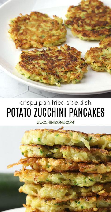 Zucchini potato pancakes are made with grated zucchini, potatoes, and onions, mixed into a batter and pan fried until golden brown and crispy. A great way to use up that extra garden zucchini! Potatoe Zucchini Patties, Zucchini Potatoes Fritters, Zucchini Onion Fritters, Potato Zucchini Pancakes, Potatoes With Zucchini, Zucchini And Potato Patties, Potatoe And Zucchini Recipes, Fried Zucchini Batter Recipe, Zucchini And Potato Pancakes