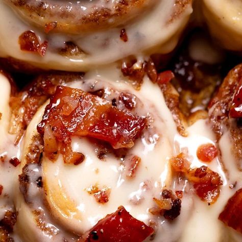 Cambrea | Cambrea Bakes on Instagram: "These bourbon maple bacon cinnamon rolls feature all of your breakfast favorites in one - maple syrup, crispy candied bacon, and gooey cinnamon rolls. Make them for breakfast, brunch, or dessert for the ultimate treat!⁣ ⁣ recipe linked in my bio! or google “bacon cinnamon rolls cambrea bakes”⁣ ⁣ #cinnamon #cinnamonrolls #baconbaconbacon #baconlovers #bourbonlover #maplebacon #maplesyrup #breakfast #cinnabons" Bourbon Cinnamon Rolls, Bacon Cinnamon Rolls Homemade, Cinnamon Rolls With Bacon Inside, Bourbon Maple Bacon Cinnamon Rolls, Maple Bacon Monkey Bread, Maple Bacon Cinnamon Rolls, Bacon Cinnamon Rolls, Candied Bacon, Maple Bacon