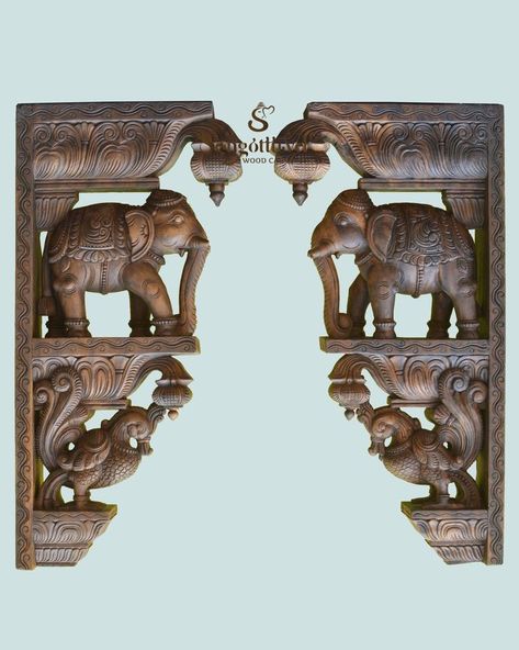 Wall Decor Indian, Pooja Door Design, Indian Wall Decor, Elephant Lamp, Indian Room, Indian Antiques, Elephant Carving, Wooden Brackets, Wooden Front Door Design