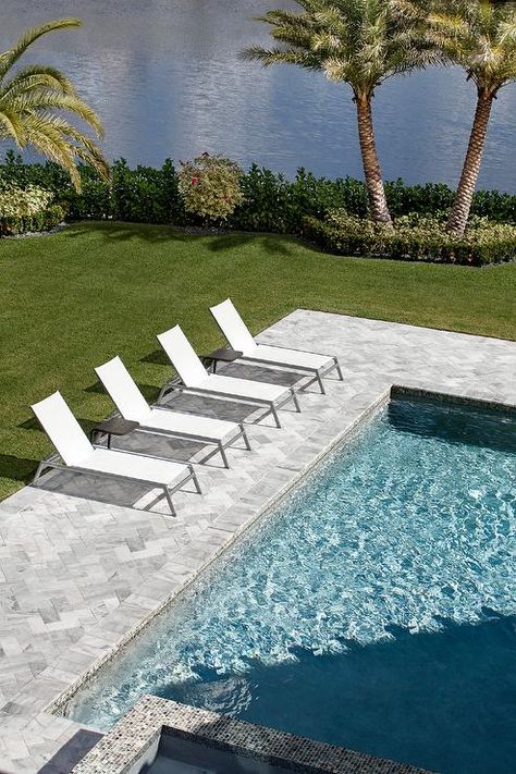 Travertine Pool Decking, Grey Pavers, Concrete Pool Deck, Swimming Pool Ideas, Concrete Swimming Pool, Pool Pavers, Travertine Pool, Pavers Backyard, Pool Lounger