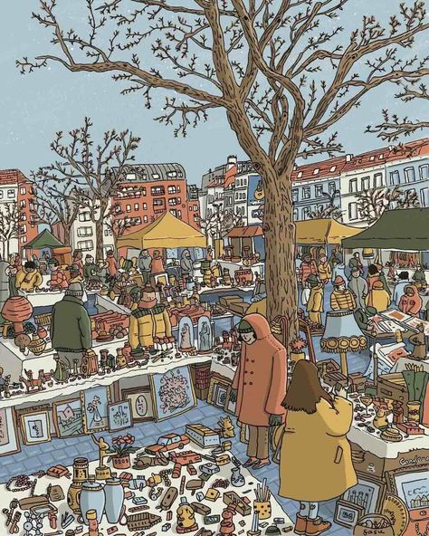 150th anniversary of Jeu de Balle flea-market in Marolles Flea Market Illustration, Market Wallpaper, Market Illustration, City Branding, Bright Art, Meeting Place, The Unicorn, Photo Story, Vintage Market