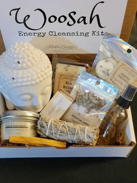 Clear out any negative energies or attachments in your home or place with the Woosah Energy Cleansing Kit! #affiliate Spiritual Store Ideas, Spiritual Bath Salts, Energies Spiritual, Spiritual Gift Ideas, Spiritual Remedies, Candle Spiritual, Burn Sage, Spiritual Products, Spiritual Shop