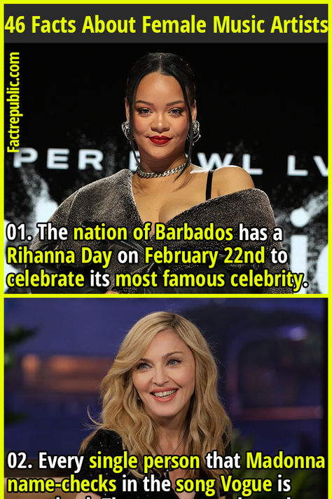 01. The nation of Barbados has a Rihanna Day on February 22nd to celebrate its most famous celebrity. #music #popular #famous #celebrity #singer #madonna #song #rihanna #female #women #woman Famous Female Singers, Rihanna Singer, Rihanna News, Fact Republic, Celebrity Music, Crazy Facts, Versace Dress, Single Person, Female Singers