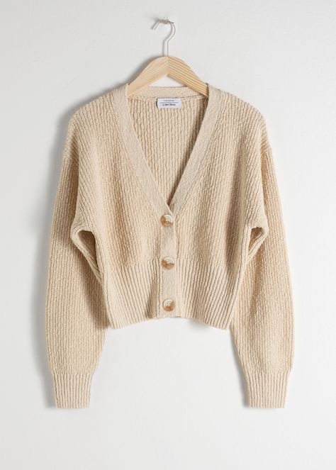 Cropped Textured Cotton Cardigan - Beige - Cardigans - & Other Stories Cardigans Crochet, Kick Flare Jeans, Cardigan Beige, Beige Cardigan, Cable Knit Cardigan, Cotton Cardigan, Fashion Story, Cardigans For Women, Knit Cardigan