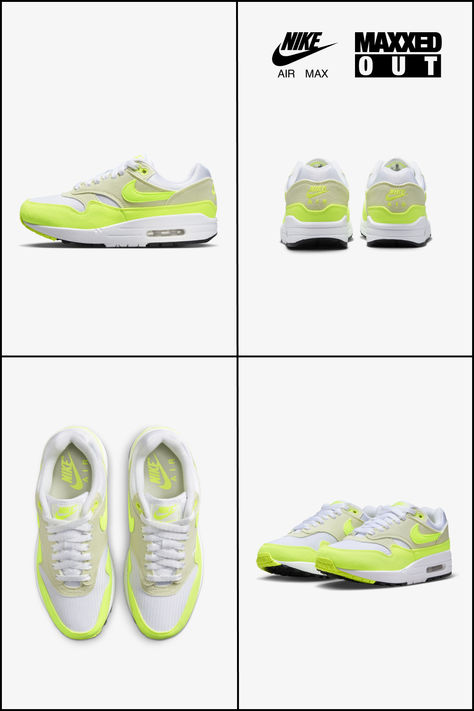 Glow up in the Air Max 1’s bright neon accents and visible Air bubble. Neon Nike Shoes, Neon Nike, Nike Vomero, Nike Neon, Shoes Design, Nike Air Max 1, Nike Sneakers Women, Fresh Kicks, Sneakers Women