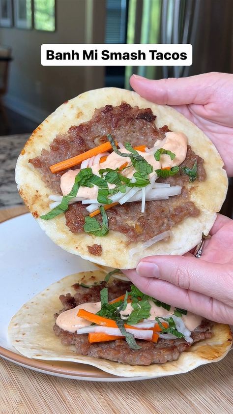 Smash Bahn Mi Tacos, Bahn Mi Smash Taco, Bahn Mi Tacos, Big Mac Smash Tacos, Smash Tacos, Gals Night, Blackstone Recipes, Smash Burgers, Daikon Radish