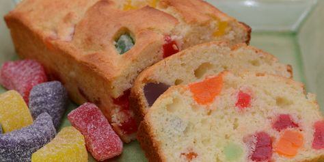 I made gumdrop bread many years ago from a recipe in one of those little Pillsbury cookbooks that were sold near supermarket cashiers. Kids loved the silly bread, but then we all became more sophisticated. When someone asked about it 30 years later, of course I couldn’t find the exact recipe anywhere, even online. This is not it, but is good, maybe even better. We used to bake the bread in soup cans to create pretty round loaves, but we can’t do that now. I tried the red and green holiday gum dr Gum Drop Cake, Fruit Slices Candy, Chicken Casserole Dinners, Kraft Foods, Trinidad Recipes, Gum Drop, Tea Bread, Fruit Bread, Loaf Recipes