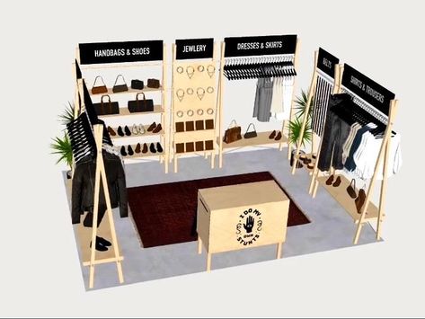 Pop Up Store Layout Design, 10x20 Boutique Booth Layout, Portable Booth Display, Clothing Stall Ideas, How To Display Clothes, Pop Up Retail Display, Design Booth Fashion, Clothing Exhibition Display Ideas, Fashion Booth Design Pop Up