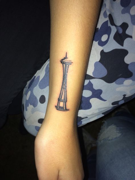 Seattle Space Needle tattoo Seattle Space Needle Tattoo, Seattle Tattoo Ideas, Space Needle Tattoo, Seattle Tattoos, Vacation Tattoos, Skyline Tattoo, Seattle Tattoo, Needle Tattoo, Favorite Tattoos