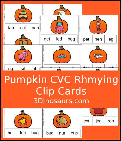 Pumpkin CVC Rhyming Clip Cards Pumpkin Rhyming, Rhyming Clip Cards, Pumpkin Centers, Word Families Printables, Pumpkins Kindergarten, Harvest Theme, 3 Dinosaurs, Cvc Word Families, Early Reading Skills