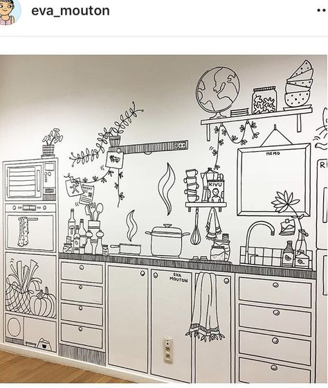 Doodle Art For Cafe Wall, Mural Kitchen Wall, School Wall Art Ideas, Washi Tape Wall, Doodle Wall, Boutique Inspiration, School Murals, Artist Wall, Wall Murals Painted