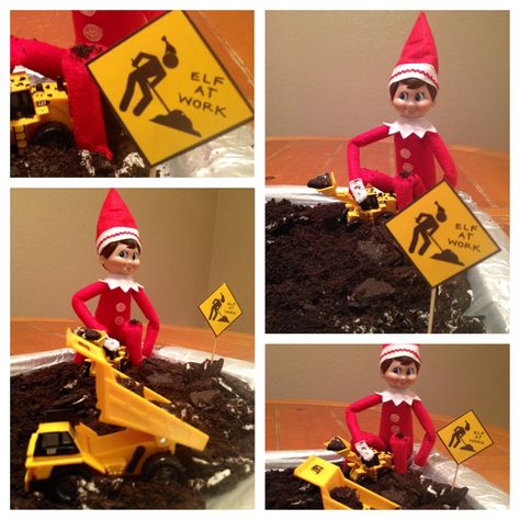 Elf on the Shelf Ideas: Construction Site! I got vehicles from the Dollar Tree (a dump truck, backhoe, and bulldozer) and crushed a package of oreos to make "dirt". Set everything up on a foil-lined cookie sheet to minimize mess. Printed a construction sign from google images, drew an elf hat on his head and wrote "elf at work", then taped a toothpick on the back. The cookie crumbs will later become crust for a dessert after the elf is discovered. Elf Pajamas, Awesome Elf On The Shelf Ideas, Girl Elf, Elf Clothes, Santa Helper, Elf Hat, An Elf, Elf On The Shelf Ideas, Dump Truck