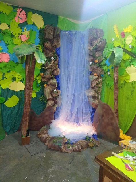 Waterfall Craft Ideas, Science Exhibition Decoration Ideas, Paper Waterfall, Science Exhibition Ideas, Nursery Rhymes Preschool Crafts, Waterfall Decoration, Waterfall Ideas, Science Exhibition, Kindergarten Decorations