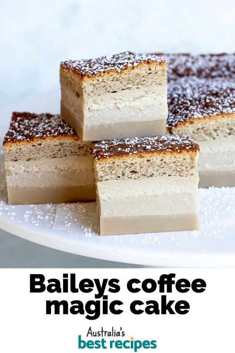 Magic Cake Recipe, Magic Layer Cake, Baileys Cake Recipe, Baileys Loaf Cake, Magical Cake, Baileys Cake Filling, Baileys Irish Cream Coffee Cake, Bailey’s Dessert Recipes, Bailey’s Cheesecake