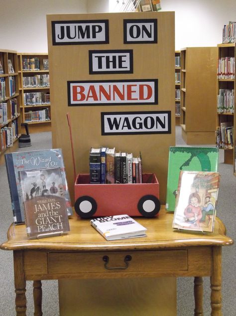 Jump on the BANNED Wagon - Banned Books Children's Display - September 2015  - Sparta Free Teen Library Displays, School Library Decor, School Library Displays, Teen Library, Middle School Libraries, Library Media Center, Library Themes, Library Book Displays, Blind Date With A Book