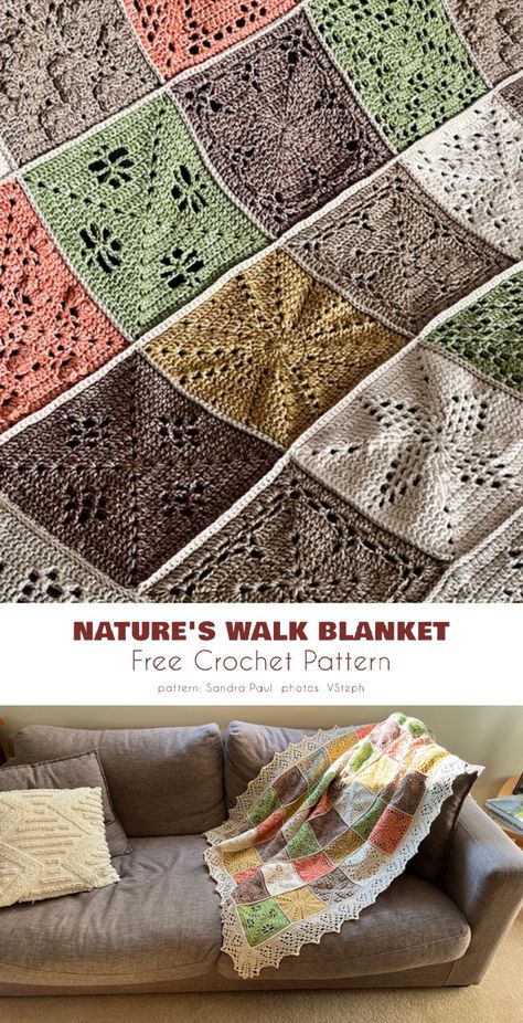 Natures Walk Crochet Blanket, Nature's Walk Crochet Blanket, Nature Inspired Crochet Blanket, Crochet Nature Patterns, Crochet Cotton Blanket Patterns Free, Willow Granny Square Blanket, Nature Crochet Patterns, Crochet Mozaik, Big Granny Square Pattern