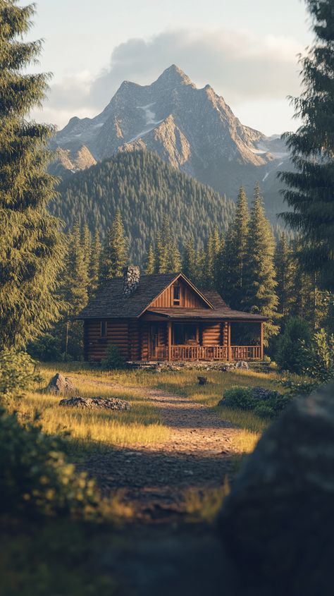 Title: Cozy mountain retreat amidst lush forest scenery Farm In Forest, Cabin In Montana, Mountain Cottage Aesthetic, Mountain Home Aesthetic, Forest House Mountain, Mountain Cabin Aesthetic, Forest Cottage Aesthetic, Forest With Mountains, Cabincore Aesthetic