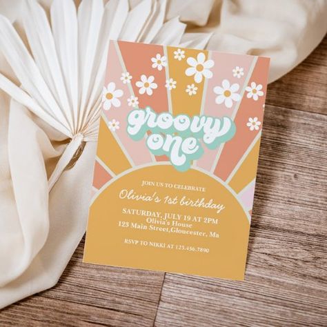 Wildflower Birthday Party, Daisy Invitations, Third Birthday Girl, Third Birthday Invitations, Groovy One, Sunshine Party, Two Groovy, Boho Fonts, Boho Invitations