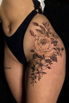 Waste Tattoos For Women, Woman’s Hip Tattoo, Both Thigh Tattoos Women, Dainty Feminine Tattoos Sleeve, Hip Tattoo Cover Up Ideas For Women, Hip Tattoos Women Color, Tattoo Ideas Hip Thigh Piece, Hips Tatoos, Rose Tattoo Thigh Hip