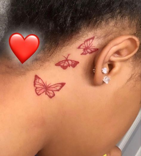 Red Butterfly Tattoo Behind Ear, Butterfly Behind Ear Tattoo, Behind Ear Tattoos, Girl Neck Tattoos, Tattoo Red, Cute Hand Tattoos, Pretty Hand Tattoos, Butterfly Tattoos For Women, Neck Tattoos Women