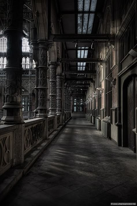 Mansion Corridor, Goth Architecture, Story Prompt, Angel Falls, Gothic Mansion, Gothic Buildings, Building Aesthetic, Dark Castle, School Hallways