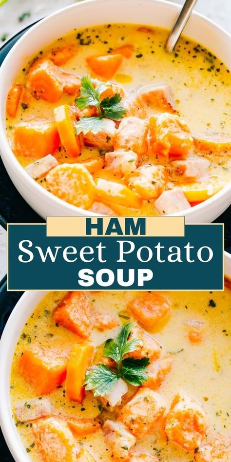 This Ham and Sweet Potato Soup is a comforting blend of creamy, cheesy richness, packed with savory ham and tender sweet potatoes, and makes for a hearty, flavorful meal. Yam Soup Recipe, Recipes For Ham, Honey Glazed Ham Recipe, Pineapple Honey Glazed Ham, Recipes Using Ham, Ham Bone Soup Recipes, Ham Bone Recipes, Soup Ham, Healthy Ham