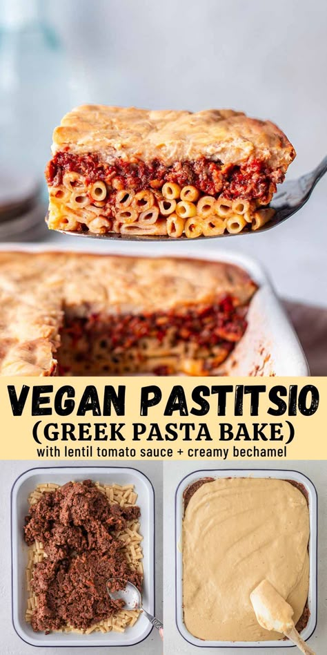 Healthy vegan pastitsio (or pastichio), with layers of pasta, a lentil tomato sauce and creamy bechamel sauce. This Greek pasta bake or lasagna is high protein and an incredible vegan comfort food meal! Pastichio Recipe Greek, Vegan Pastitsio, Rainbow Nourishments, Vegan Pasta Recipes Homemade, Lentil Sauce, Vegan Pastas, Vegan Board, Healthy Vegan Dinner Recipes, Vegan Entrees