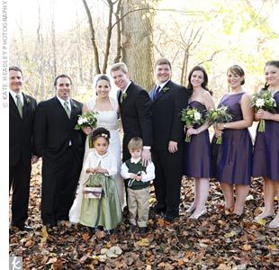 bridesmaids wore aubergine dresses; men wore plum-colored ties to match. The couple’s nieces walked down the aisle in sage green flowered dresses and crocheted, ivory sweaters. Jamie’s nephew, the ring bearer, coordinated with khakis and a green sweater vest. Tree Themed Wedding, Aubergine Dress, Green Sweater Vest, Chevy Chase, Ivory Sweater, Fall Party, Plum Color, Ring Bearer, Free Wedding