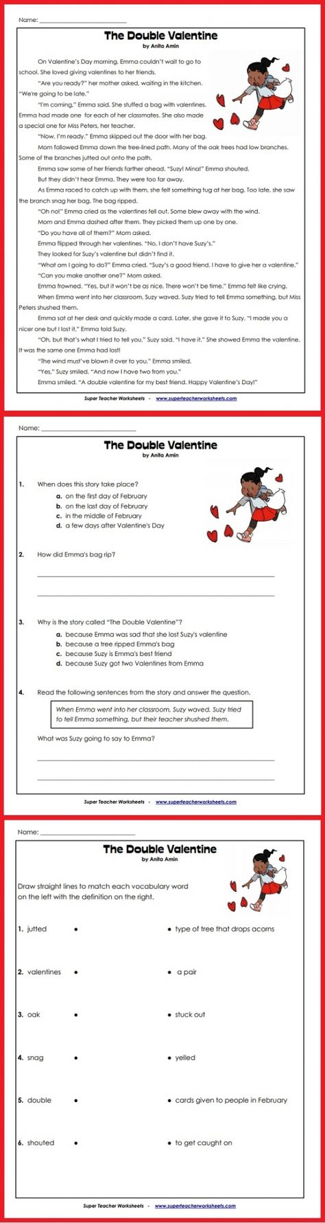 Print out this cute #ValentinesDay story for your students to read! This #ELA activity includes reading comprehension questions, a writing prompt, and vocabulary words. Be sure to check out the #superteacherworksheets collection of Valentine's Day activities for more fun ideas! Math Fact Worksheets, Reading Comprehension Practice, Valentines Day Poems, Ela Worksheets, Handwriting Practice Worksheets, Writing Practice Worksheets, Reading Comprehension Questions, Super Teacher, 2nd Grade Worksheets