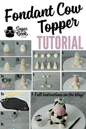 Super cute and easy fondant cow topper! Click the pin and visit the blog for the tutorial with full instructions! Or here's the link ;) https://sugargeekshow.com/news/fondant-cow-topper-tutorial/ Easy Cow Cake Ideas, Fondant Cow, Cow Birthday Cake, Easy Fondant, Farm Birthday Cakes, School Cupcakes, Farm Animal Cakes, Cow Cakes, Fondant Flower Tutorial