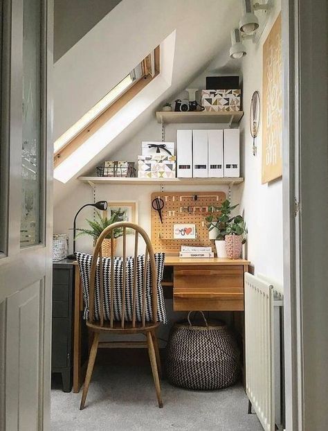 Small Home Office Ideas, Attic Office, Slanted Ceiling, Office Nook, Ikea Hackers, Home Office Ideas, Small Home Office, Household Decor, Home Office Organization