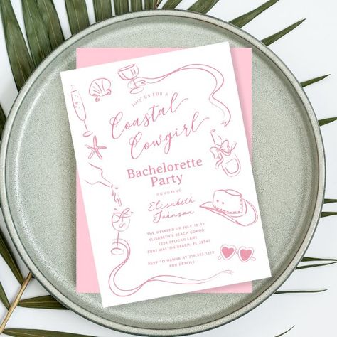 Pink Whimsical Coastal Cowgirl Bachelorette Party Invitation Coastal Cowgirl Bachelorette Party, Coastal Cowgirl Bachelorette, Trendy Bachelorette, Trendy Bachelorette Party, Cowgirl Bachelorette Party, Trendy Invitations, Pink Bachelorette Party, Cowgirl Bachelorette Parties, Pink Bachelorette