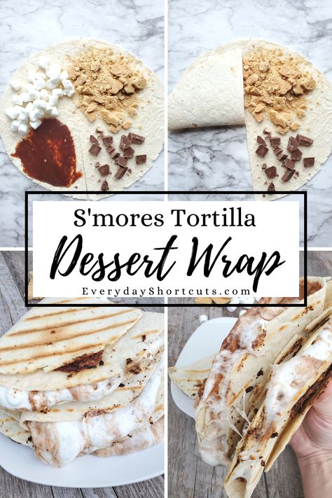 S'mores ingredients in a tortilla wrap S’more Crunchwrap, Wrap Dessert Ideas, Sweet Wraps Recipes, Tortilla Wrap Recipes Desserts, Desert Tortilla Wrap, S’mores Quesadilla, S’mores Tortilla, Smores Tortilla Wrap, Tortilla Sweet Desserts