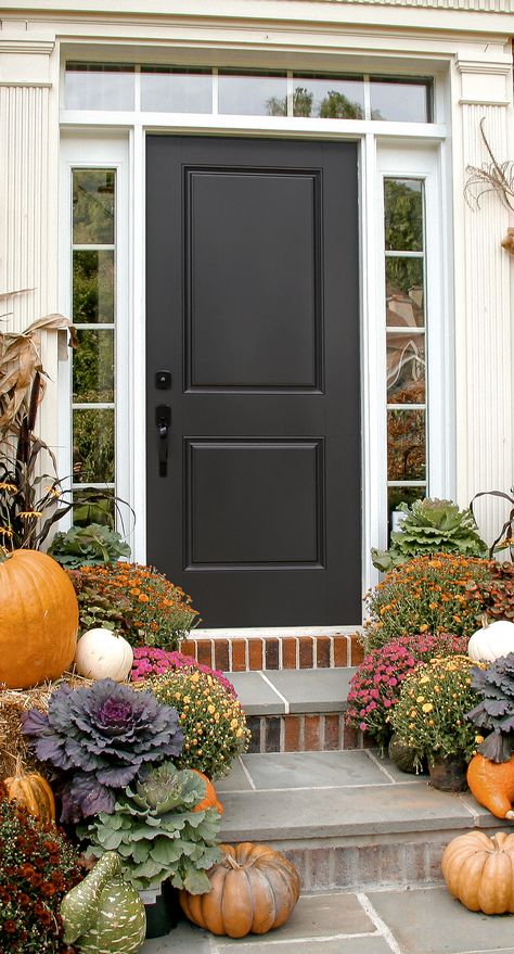 black 2 panel front door from masonite holiday inspired 2 Panel Front Door, Panel Front Door, Sophisticated Farmhouse, Front Door With Sidelights, Door With Sidelights, Fiberglass Exterior Doors, Winter Door Decorations, Foyer Ideas, Beautiful Front Doors