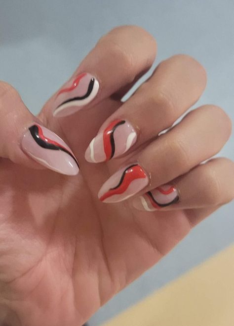 acrylic swirl nail design Black And White Nails Swirl, Red And Black Swirl Nails, Nail Swirl Designs, Red Black And White Nails Design, Black And White Swirl Nails, Red Swirl Nails, Glitter Hair Strands, Black Almond Nail Designs, White Swirl Nails