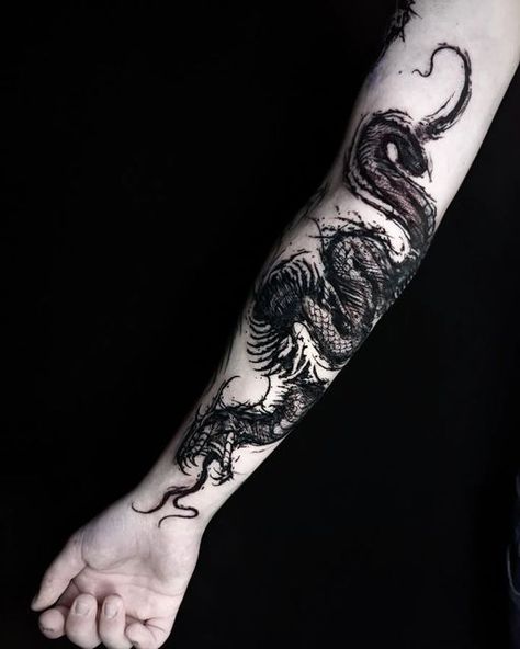 Side Belly Tattoo Men, Goth Dragon Tattoo, Snake And Dragon Tattoo, Dark Dragon Tattoo, Gothic Dragon Tattoo, Goth Arm Tattoo, Goth Tattoo Designs, Dark Fantasy Tattoo, Dark Style Tattoo