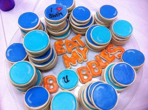 Swim themed party Swim Cookies, Swim Team Party, Swim Banquet, Team Treats, Swim Team Gifts, Dolphin Party, Team Dinner, Themed Party Ideas, Swimming Party Ideas