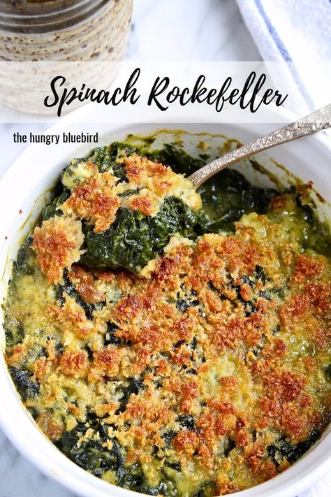 My Grandmother’s Spinach Rockefeller Recipe ~ spinach, bread crumbs, Parmesan, butter and seasonings, cooked and then baked in a casserole. Brown, crispy topping over creamy spinach, perfect with ham, beef or lamb for the holidays. #thehungrybluebird #spinachrockefeller #spinachsidedish #spinachrecipes #Easterdinnersides Rockefeller Recipe, Spinach Side Dish, Parmesan Butter, Spinach Bread, Recipe Spinach, Spinach Casserole, Vegetable Casserole, Creamy Spinach, Spinach Recipes