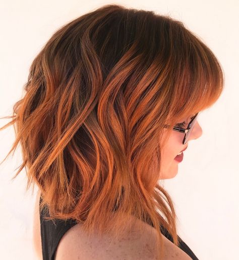 Layered Tangerine Bob with Bangs Short Copper Bob With Bangs, Copper Lob With Bangs, Balayage Bob With Bangs, Short Ginger Hair With Bangs, Copper Balayage Bob, Copper Bob With Bangs, Haircuts For Thick Wavy Hair, Hairstyles For Thick Wavy Hair, Orange Ombre Hair