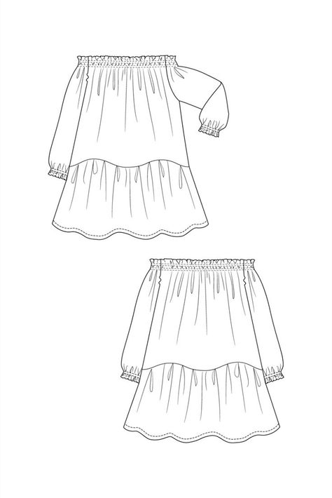 The Ilma pattern includes two variations: an airy off-the-shoulder mini dress, and a cute A-line top. Both variations feature a wavy, tiered hemline and an elasticated neckline. The dress variation has wrist-length puff sleeves with gathered sleeve openings. The top comes with ruffle shoulder straps. You can also make a sleeveless dress with shoulder straps, or sew the top with puff sleeves and off-the-shoulder neckline. Both variations are maternity friendly. Top With Puff Sleeves, Sewing Magazines, Top Sewing Pattern, Sewing Blogs, Patterned Sheets, Draped Fabric, Dress Top, Smock Dress, Top Pattern