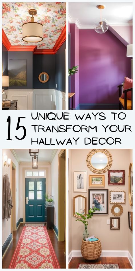 Add character to your hallway with these 15 stylish decorating ideas, perfect for creating a welcoming and unique space. Upstairs Hallway Paint Ideas, Green Accent Wall Entryway, Photo Hallway Ideas, Stairway Hallway Ideas, Boho Hallway Wall Decor, Mobile Home Hallway Ideas, Hallway Door Color Ideas, Colors For Entryway, Bright Hallway Ideas