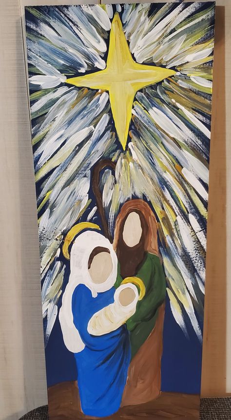 #Nativity #Holy Family #Christmas paint party Diy Nativity Painting On Canvas, Nativity Scene Acrylic Painting, Whimsical Nativity Painting, Handpainted Nativity Scene, Christmas Art Painting Acrylic Nativity, Holiday Crafts Decorations, Nativity Painting, Christmas Poster, Holiday Crafts Christmas