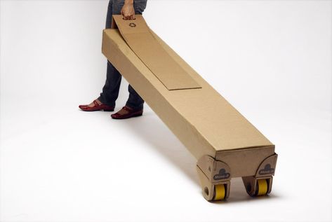 Move-It: Turn Large Boxes into Rollable Trolleys | Design for Good | Big Think Nomadic Furniture, Steam Bending Wood, Large Cardboard Boxes, Industrial Packaging, Motor Mobil, Cardboard Display, Furniture Packages, Moving Boxes, Woodworking Workshop