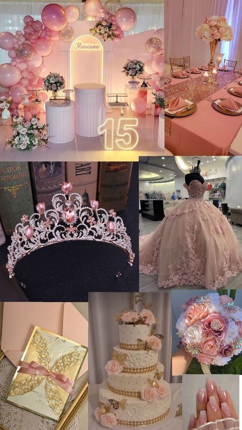 idea de 15 años Pink Quinceanera Venue Ideas, Sweet 16 Pink Princess Theme, Christian Quinceanera Ideas, Xv Themes, Pink Quince Decorations, Quinseñeras Ideas, Blush Pink Quinceanera Theme, Fairytale Quinceanera Theme, Qenseñera Ideas