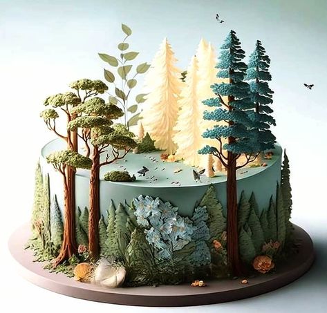 Hiking Birthday Cake, Hiking Birthday Party Ideas, Mountain Cake Ideas, Hiking Cake Ideas, Forest Cake Design, Hiking Cake, Woodsy Cake, Hell Divers, 60th Cake